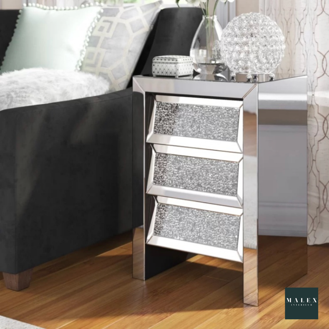 Chevet miroir avec stras 3 tiroirs